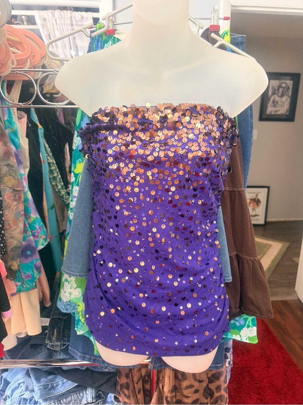 NWT Y2K Express Purple Sequin Strapless Tube Top